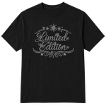 A black short-sleeve crewneck t-shirt with a silver rhinestone-style graphic on the chest that reads 'Limited Edition' with decorative flourishes and stars, shown on a transparent background.