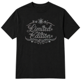 A black short-sleeve crewneck t-shirt with a silver rhinestone-style graphic on the chest that reads 'Limited Edition' with decorative flourishes and stars, shown on a transparent background.