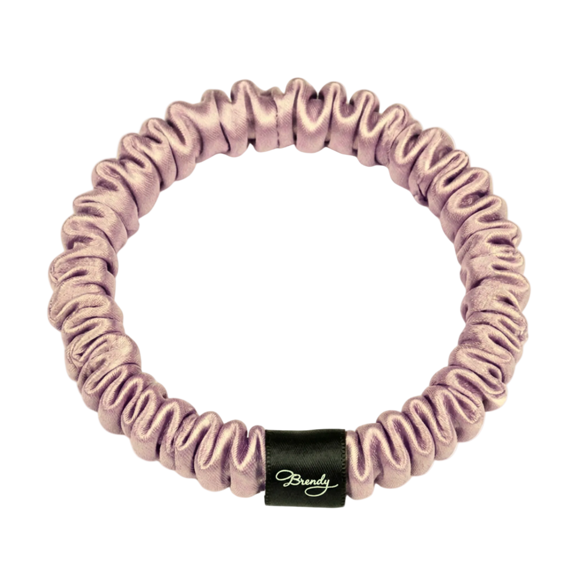 Lotus Purple skinny silk scrunchie with a black Brindy Label on a white background
