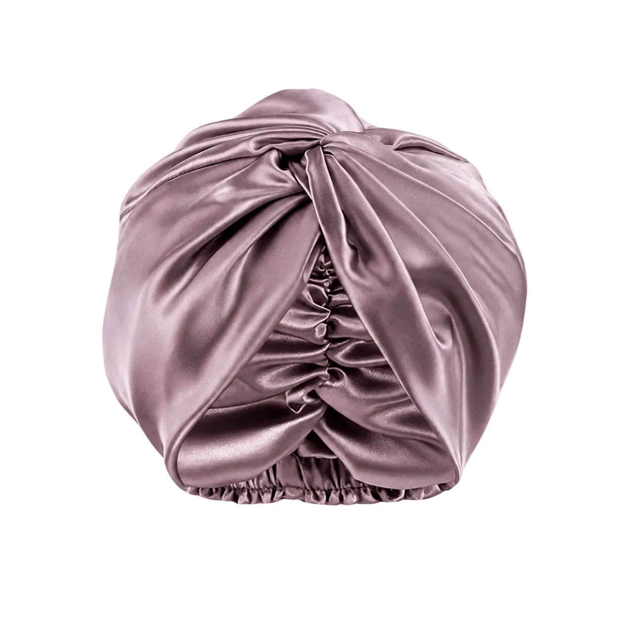 A dusty mauve mulberry silk turban-style headwrap or bonnet with gathered ruching and an elasticized bottom, shown on a transparent checkerboard background.