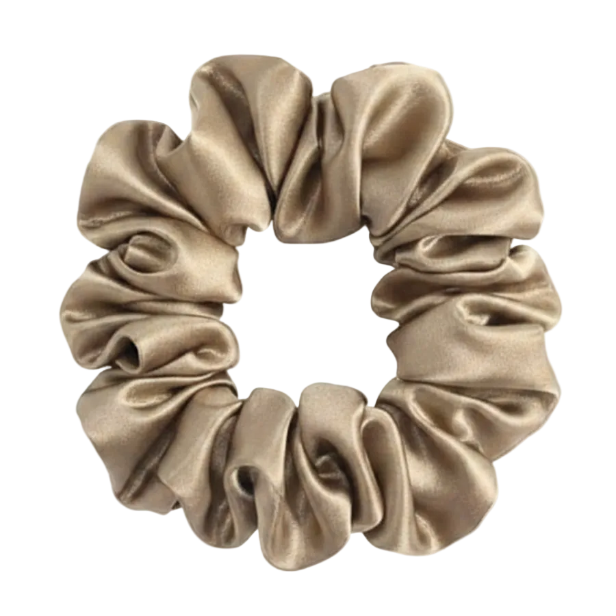 Medium Gold  100% mulberry silk 3.5cm Medium Scrunchie on a white background