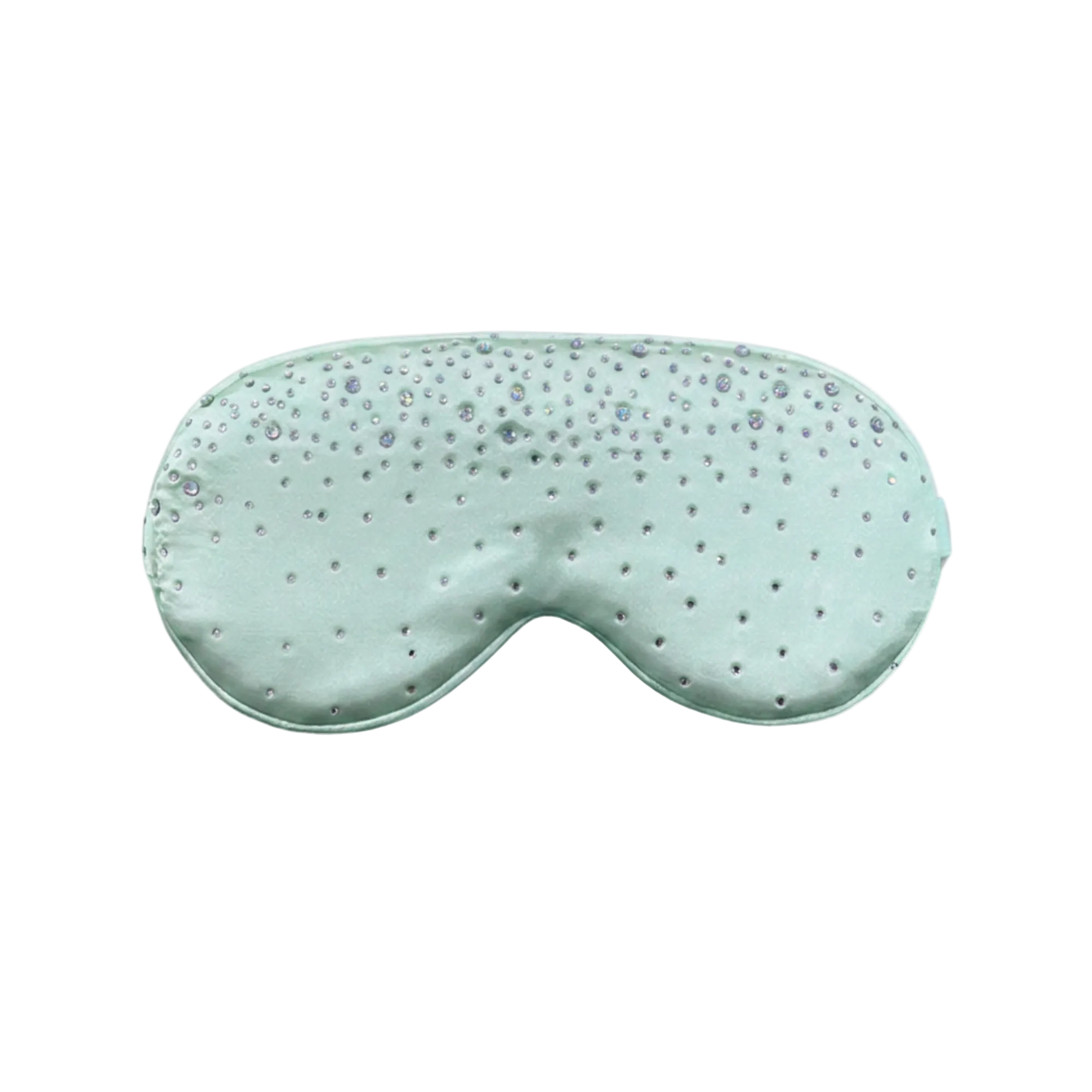Mint green silk sleep/ eye mask with small rhinestone embellishments on a white background