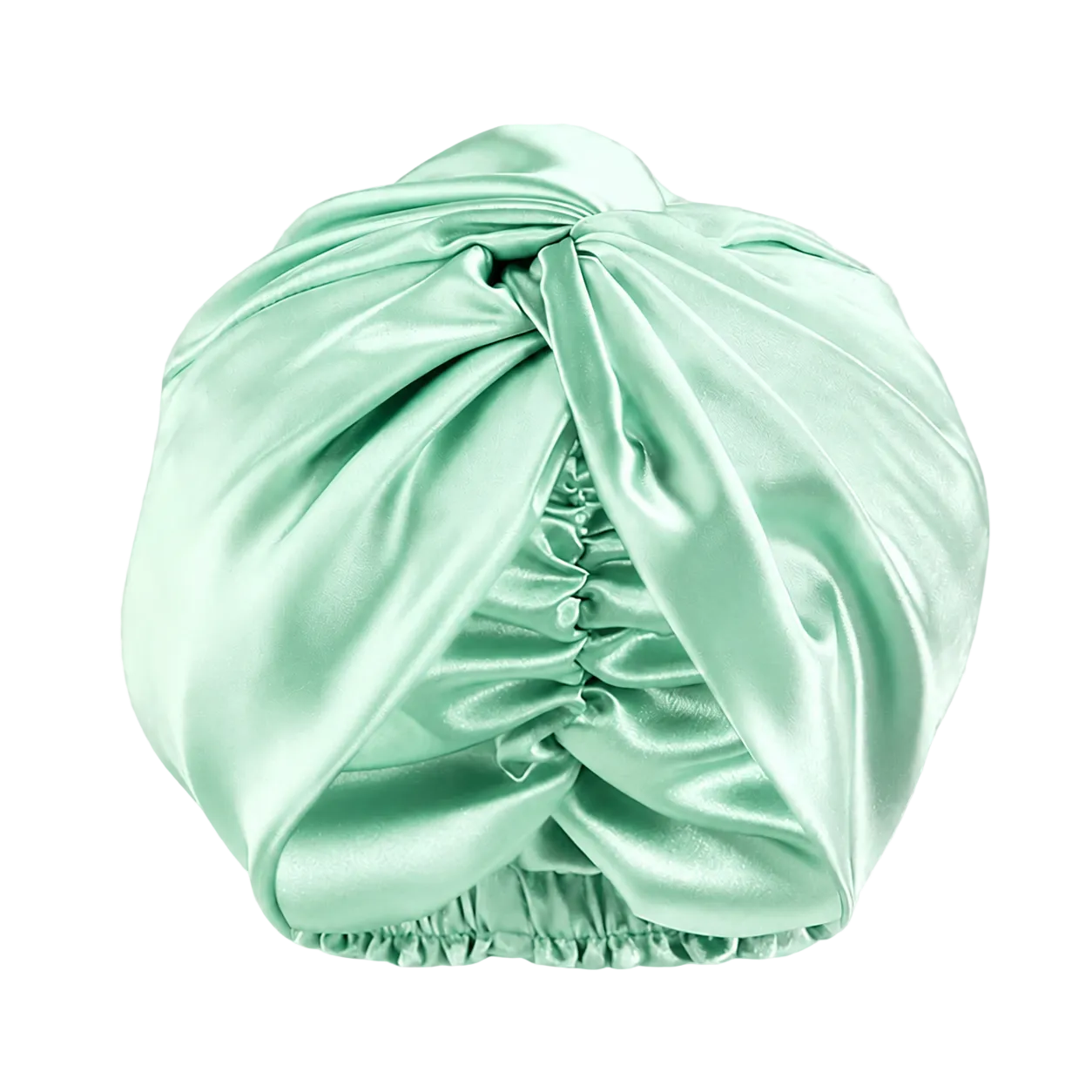 Silk turban style bonnet in a mint color on a white background