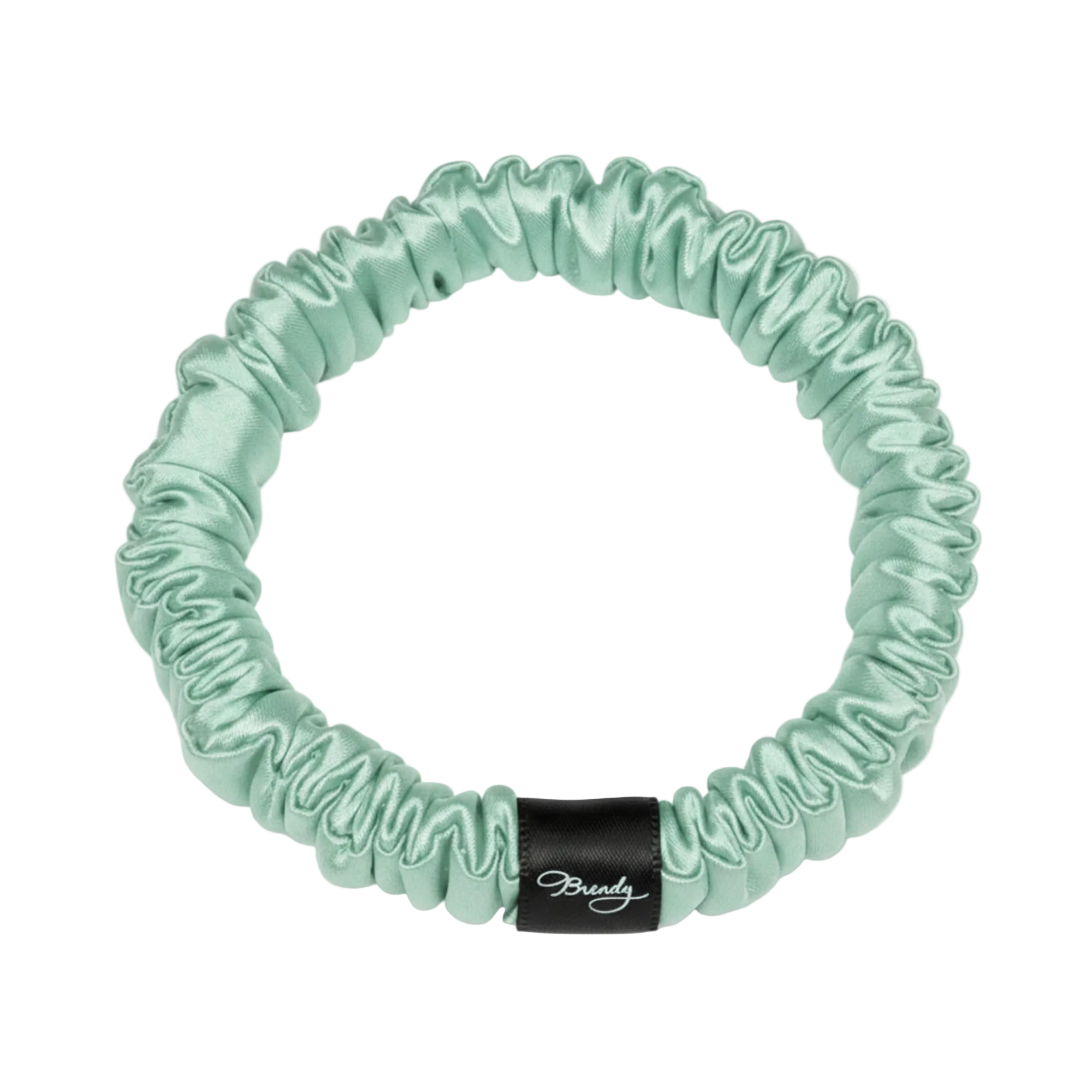 Mint Green skinny silk scrunchie with a black Brindy Label on a white background