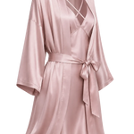 A light pink mulberry silk robe with a tie waist belt, shown on a transparent background with a gray checkerboard pattern.