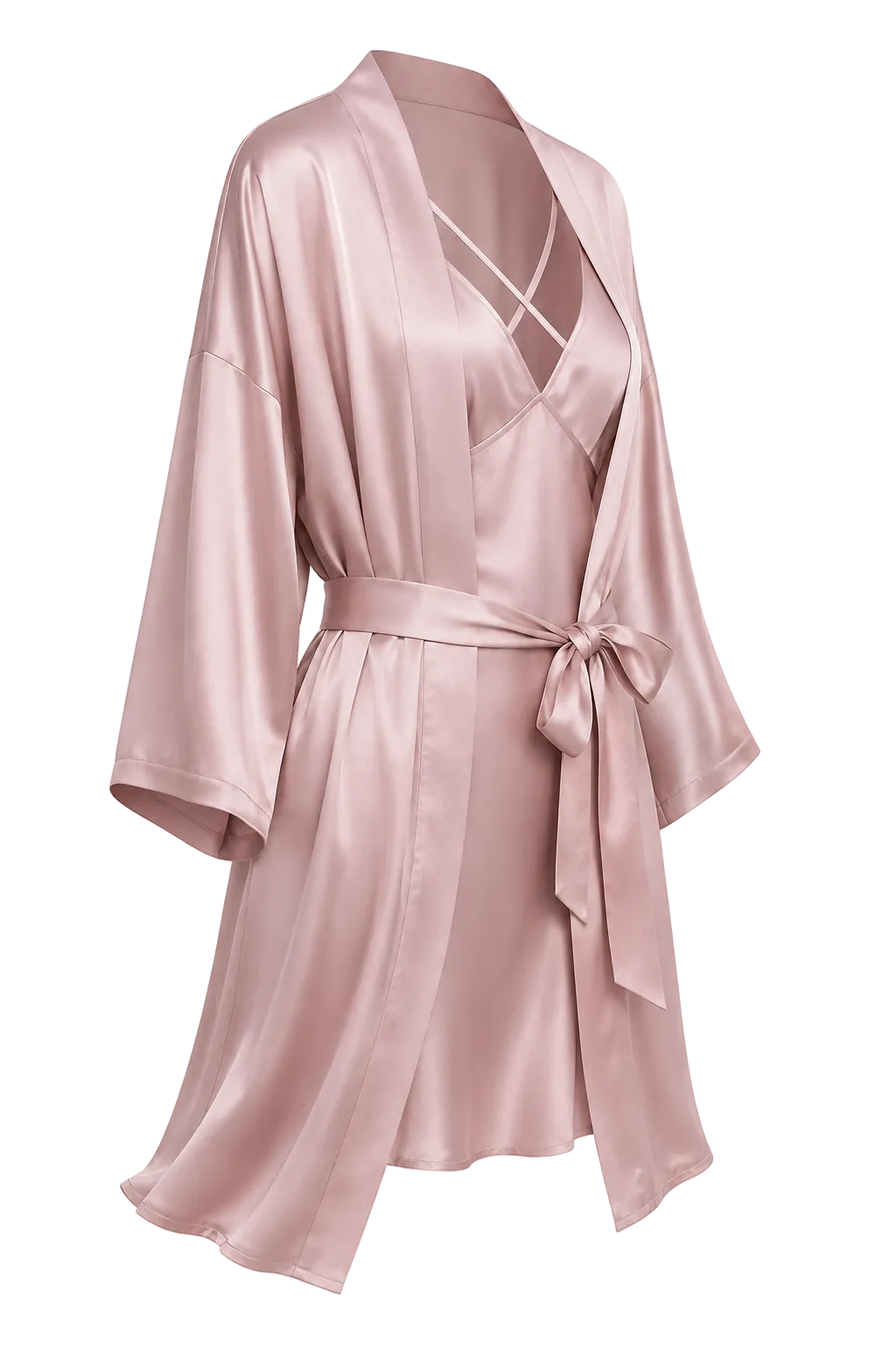 A light pink mulberry silk robe with a tie waist belt, shown on a transparent background with a gray checkerboard pattern.