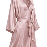 A light pink mulberry silk robe with a tie waist belt, shown on a transparent background with a gray checkerboard pattern.