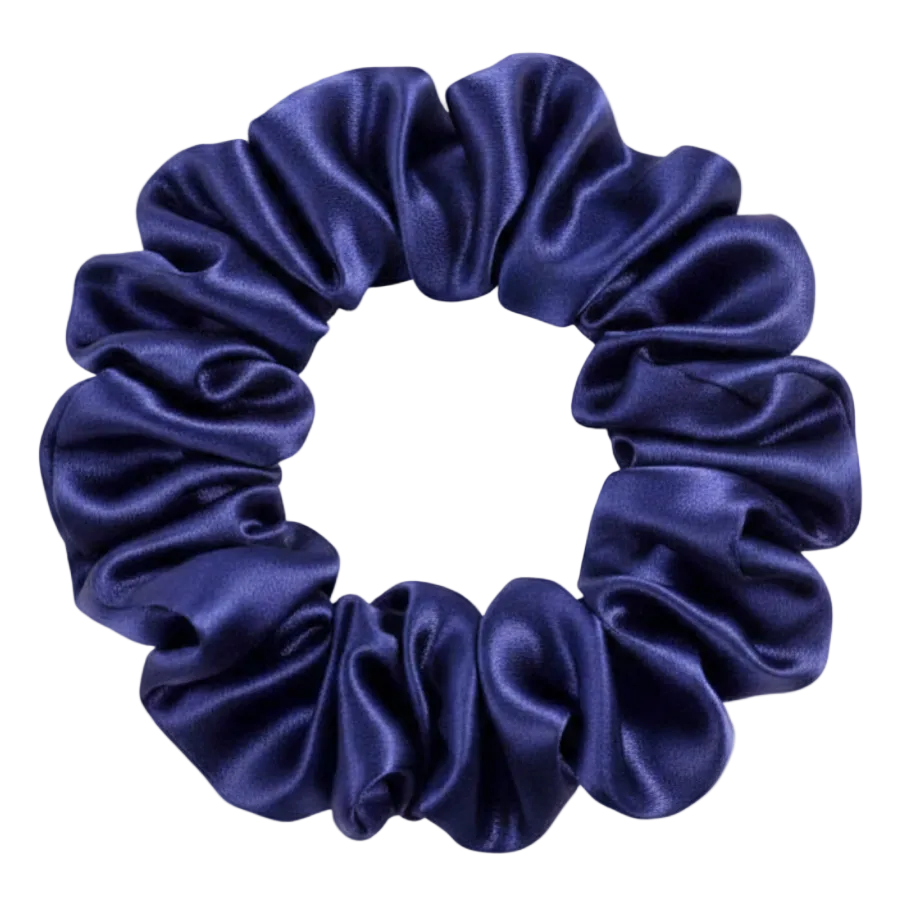 Navy Blue  100% mulberry silk 3.5cm Medium Scrunchie on a white background