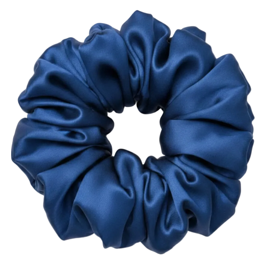 Navy Blue 100% mulberry silk 6.5cm XL Scrunchie on a white background
