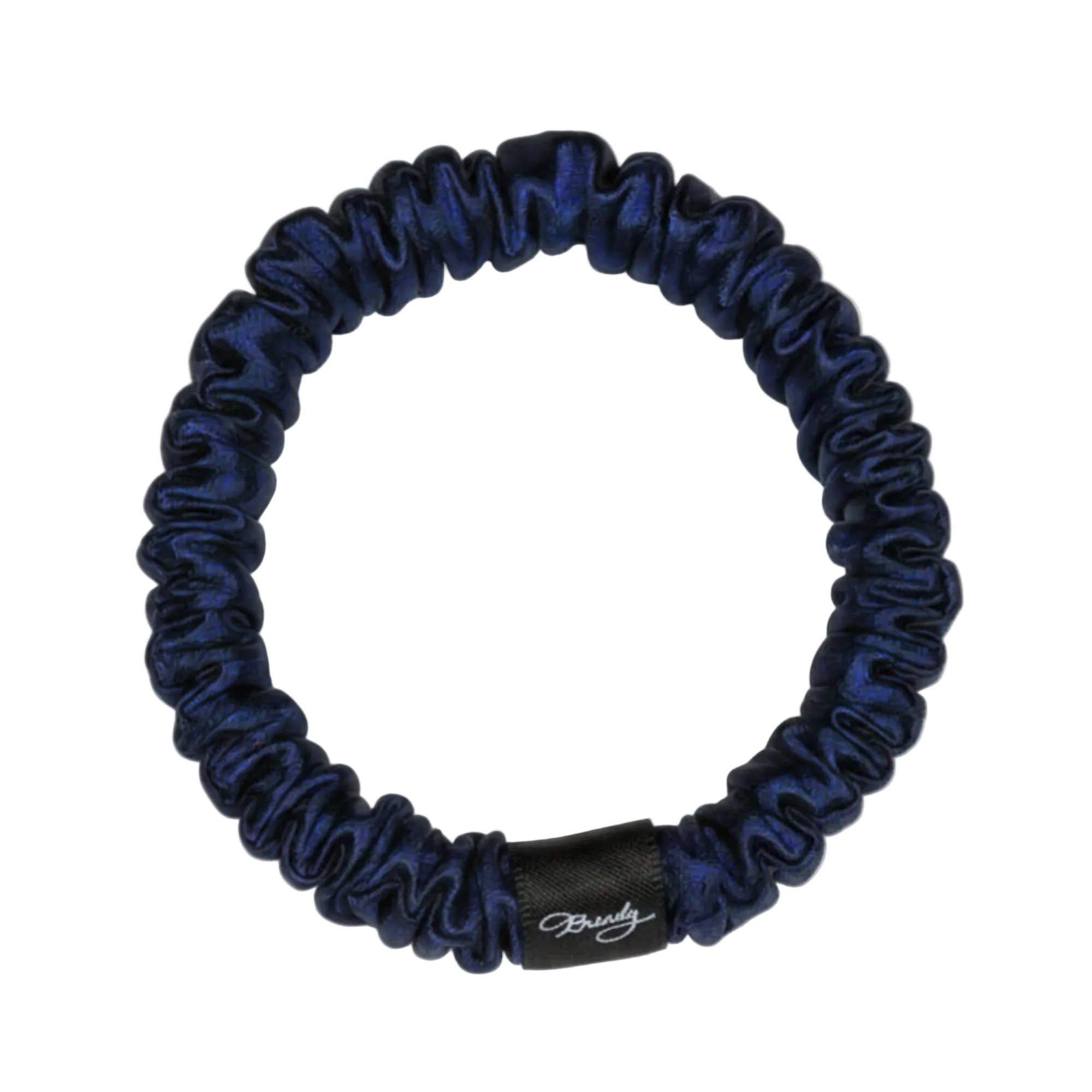 Navy Blue skinny silk scrunchie with a black Brindy Label on a white background
