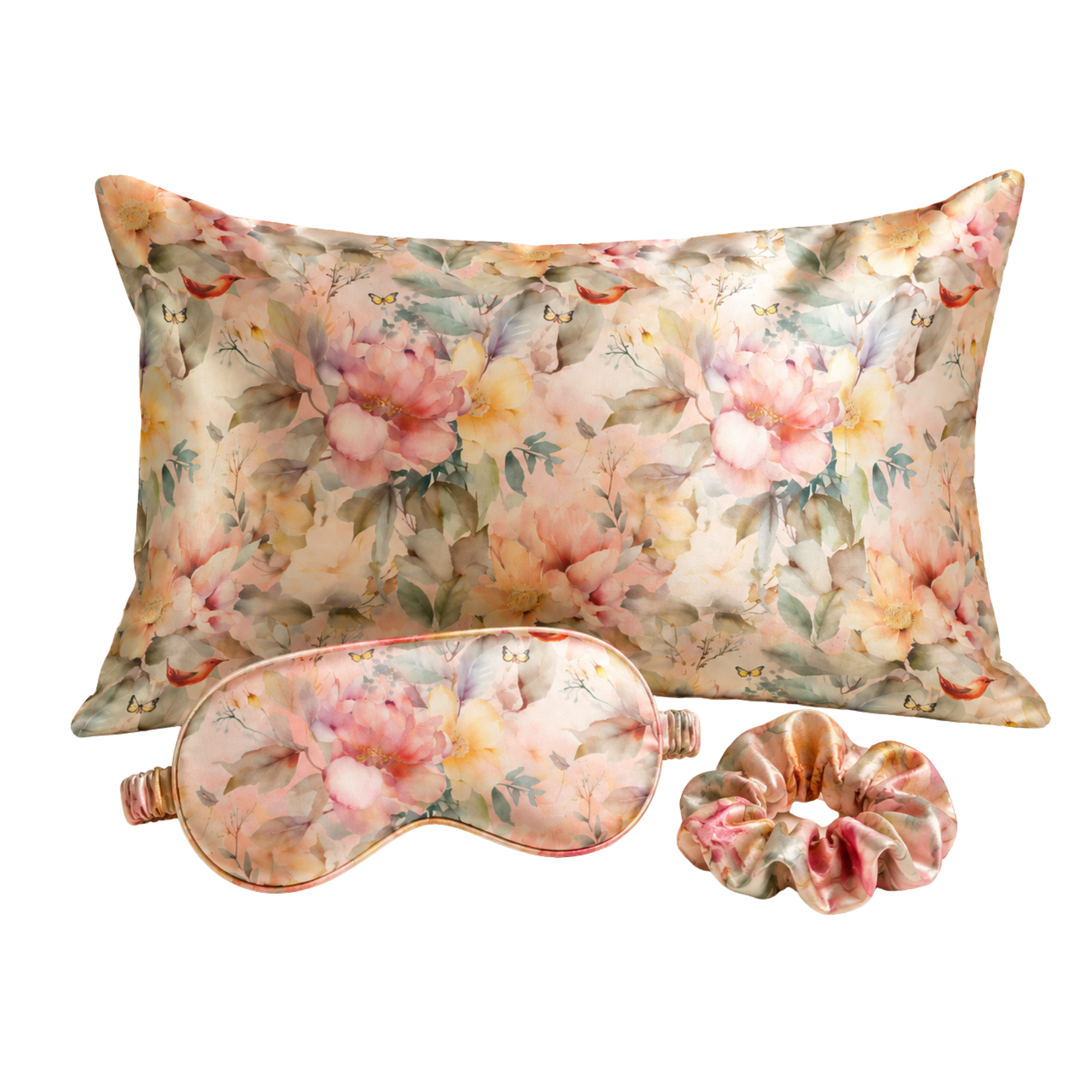 A floral mulberry silk sleep set featuring a rectangular pillow, a matching eye mask, and a scrunchie, all in a soft pink and yellow peony pattern on a cream background.