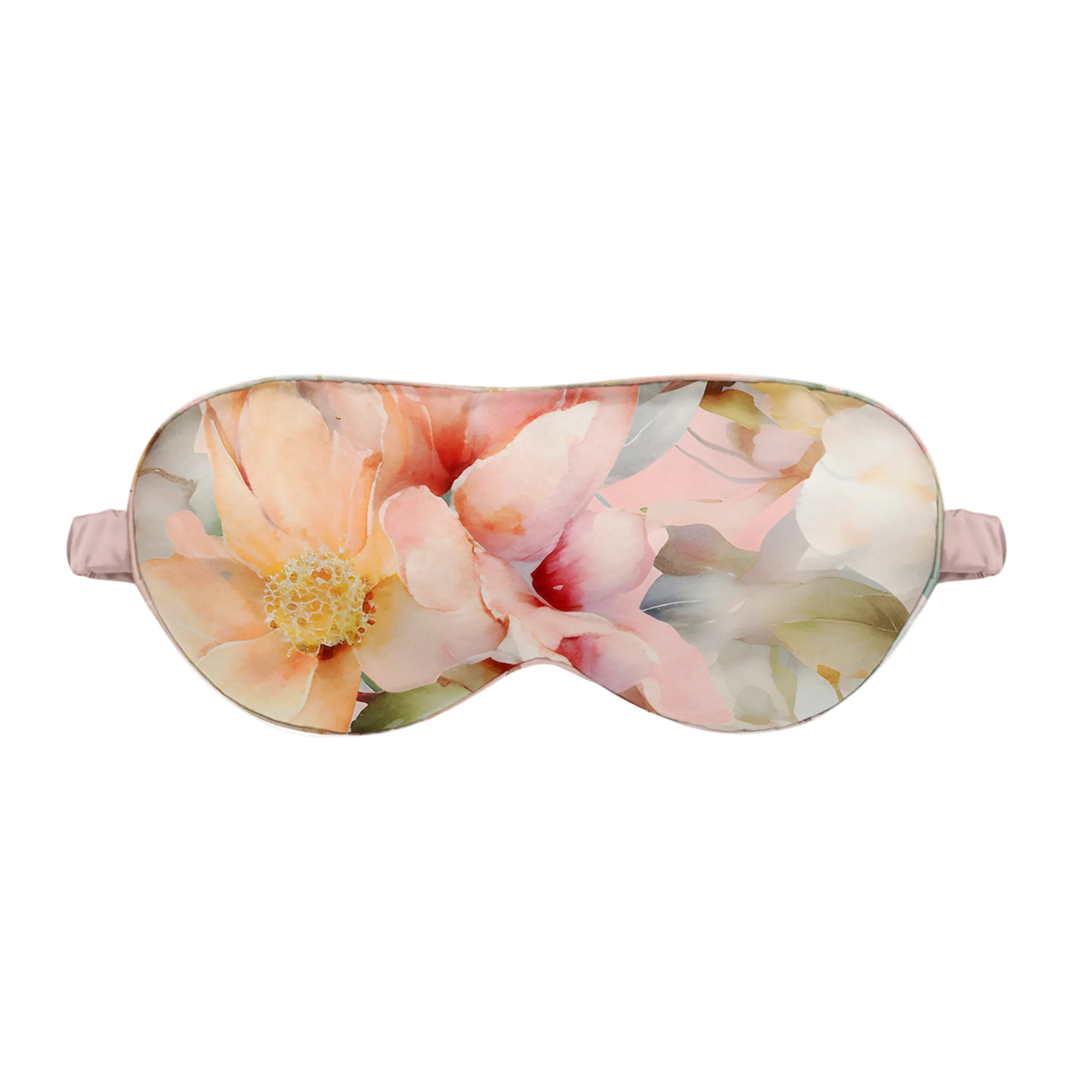 Peach Floral patterned silk sleep mask on a white background