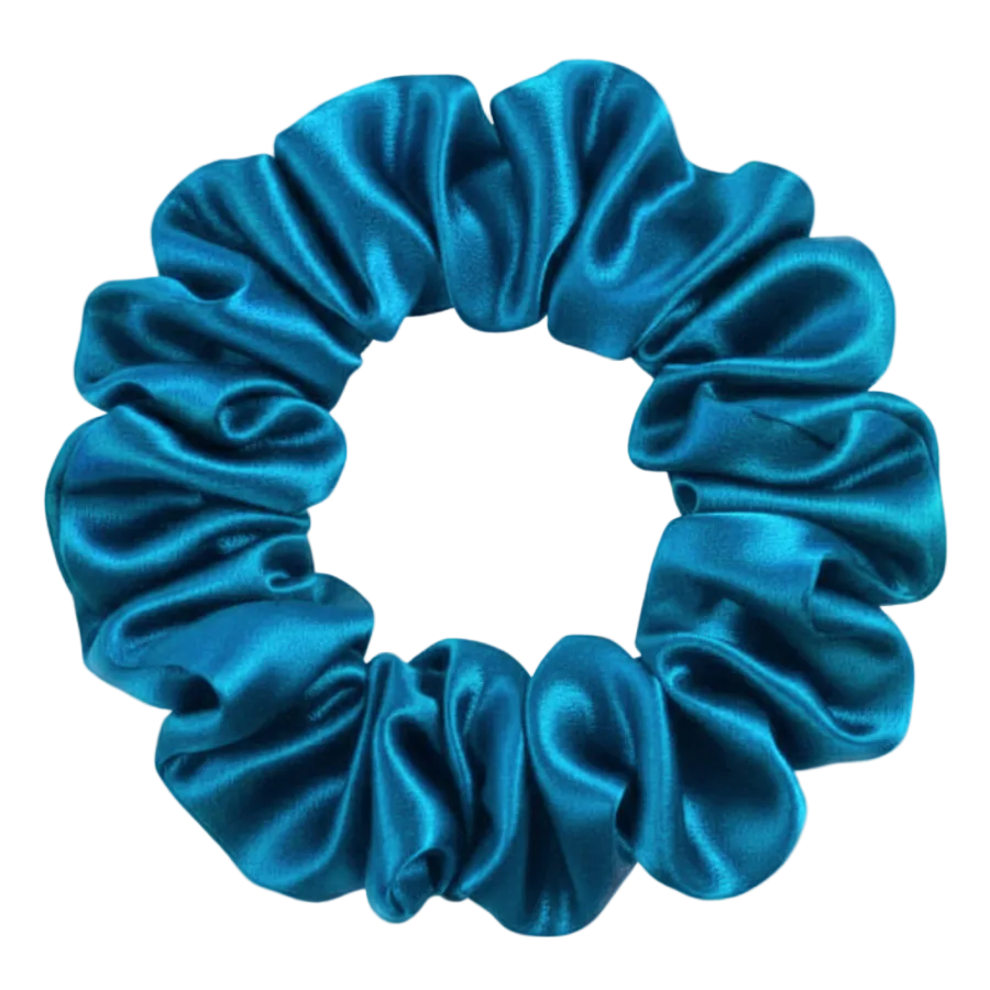 Peacock Blue  100% mulberry silk 3.5cm Medium Scrunchie on a white background