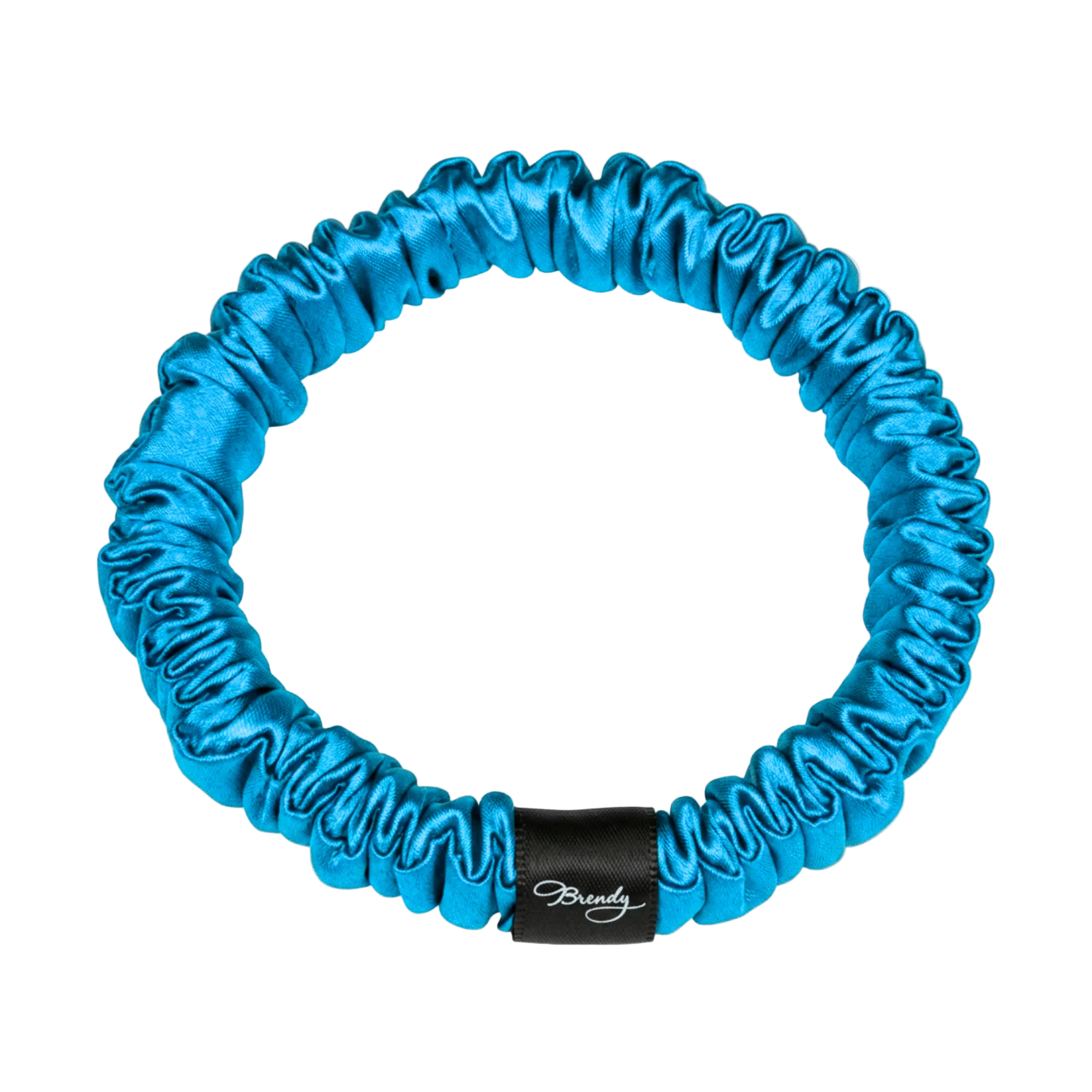Peacock Blue skinny silk scrunchie with a black Brindy Label on a white background