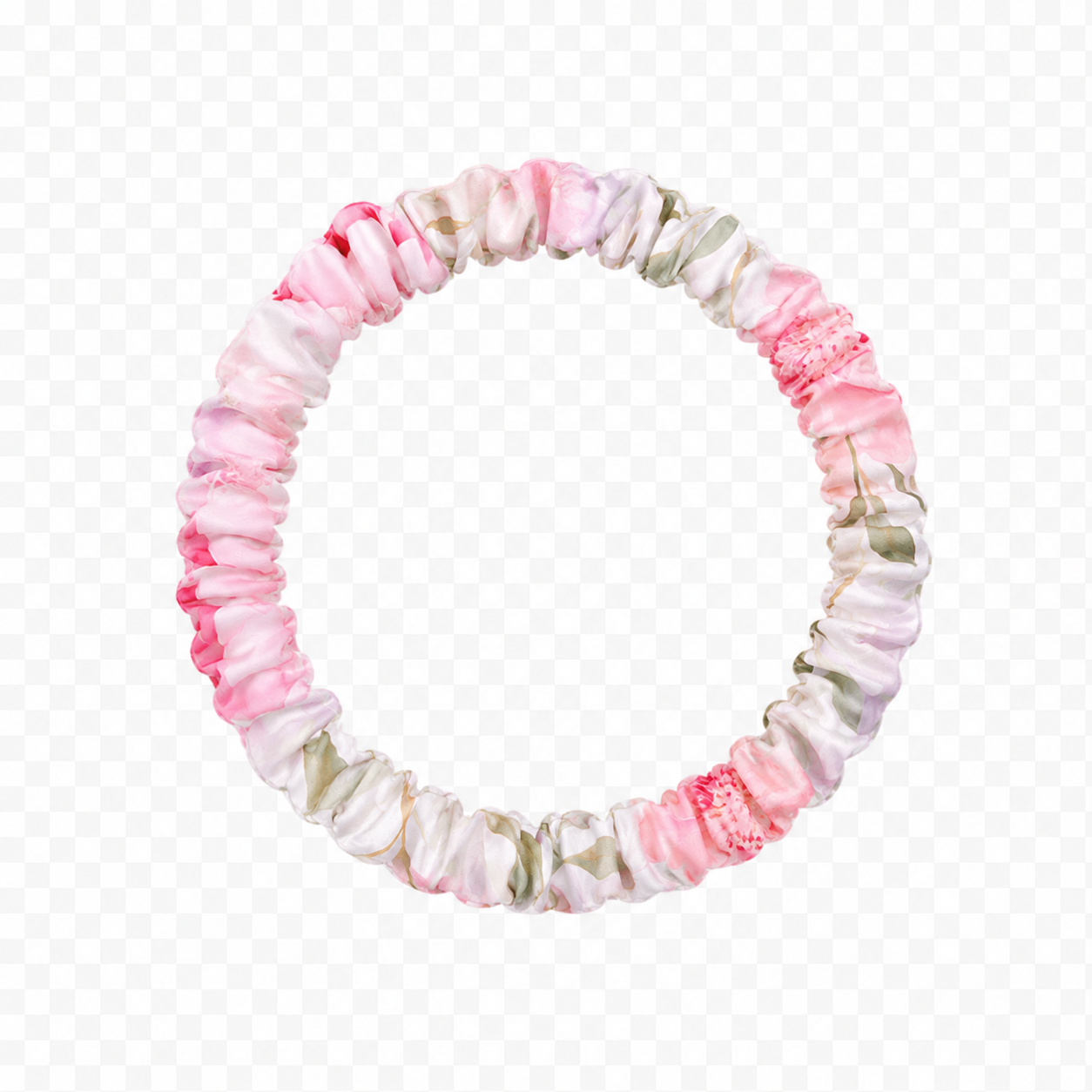 A mulberry silk skinny hair scrunchie with a ruffled, gathered texture in a floral pattern in shades of pink, white, and sage green, shown on a transparent checkered background.
