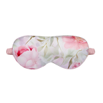 Pink Floral patterned silk sleep mask on a white background