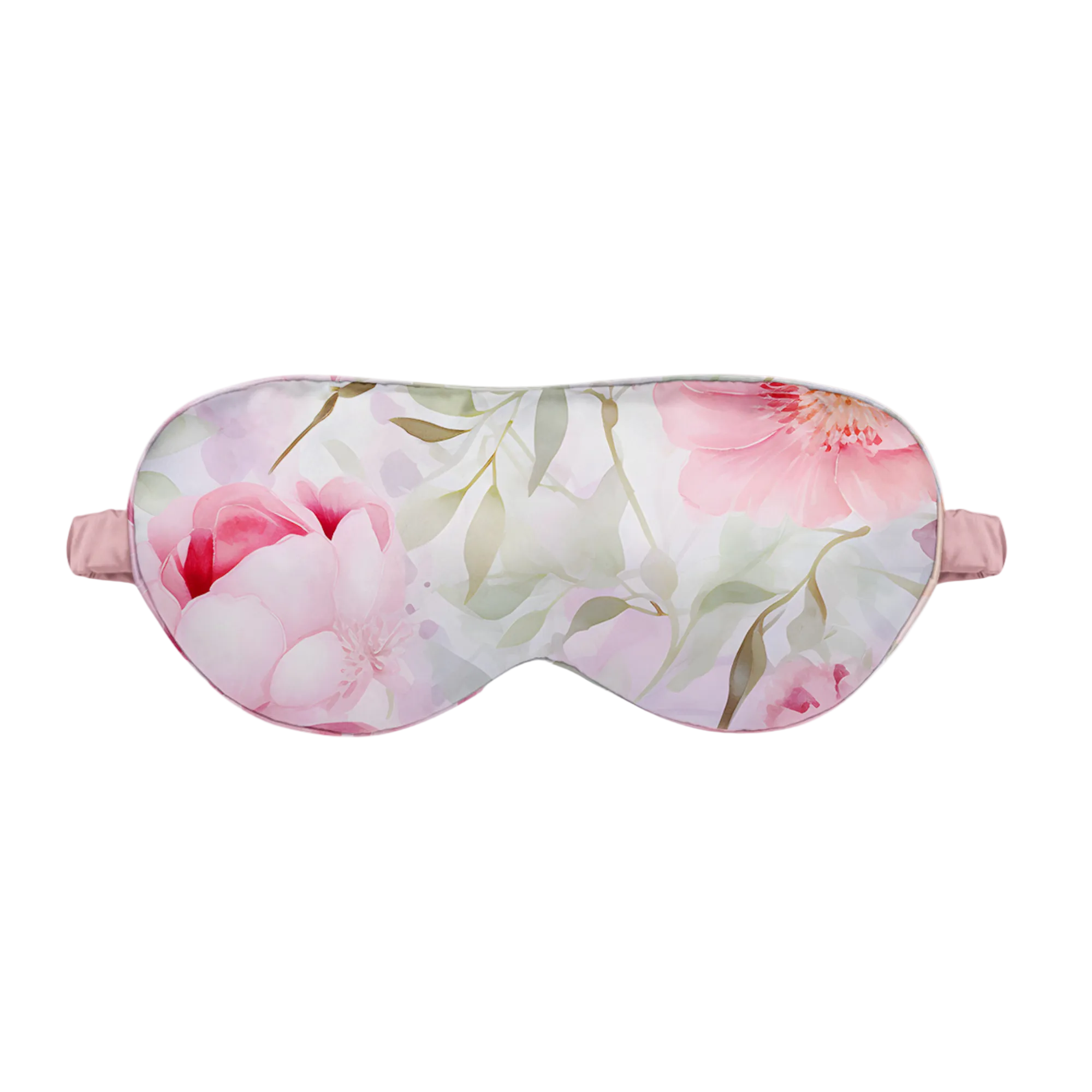 Pink Floral patterned silk sleep mask on a white background