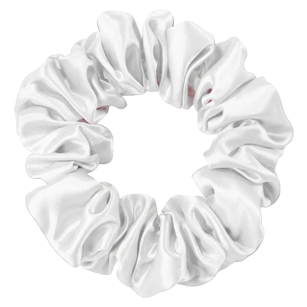 Pure White 100% mulberry silk 3.5cm Medium Scrunchie on a white background