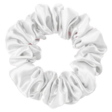 Pure White 100% mulberry silk 3.5cm Medium Scrunchie on a white background