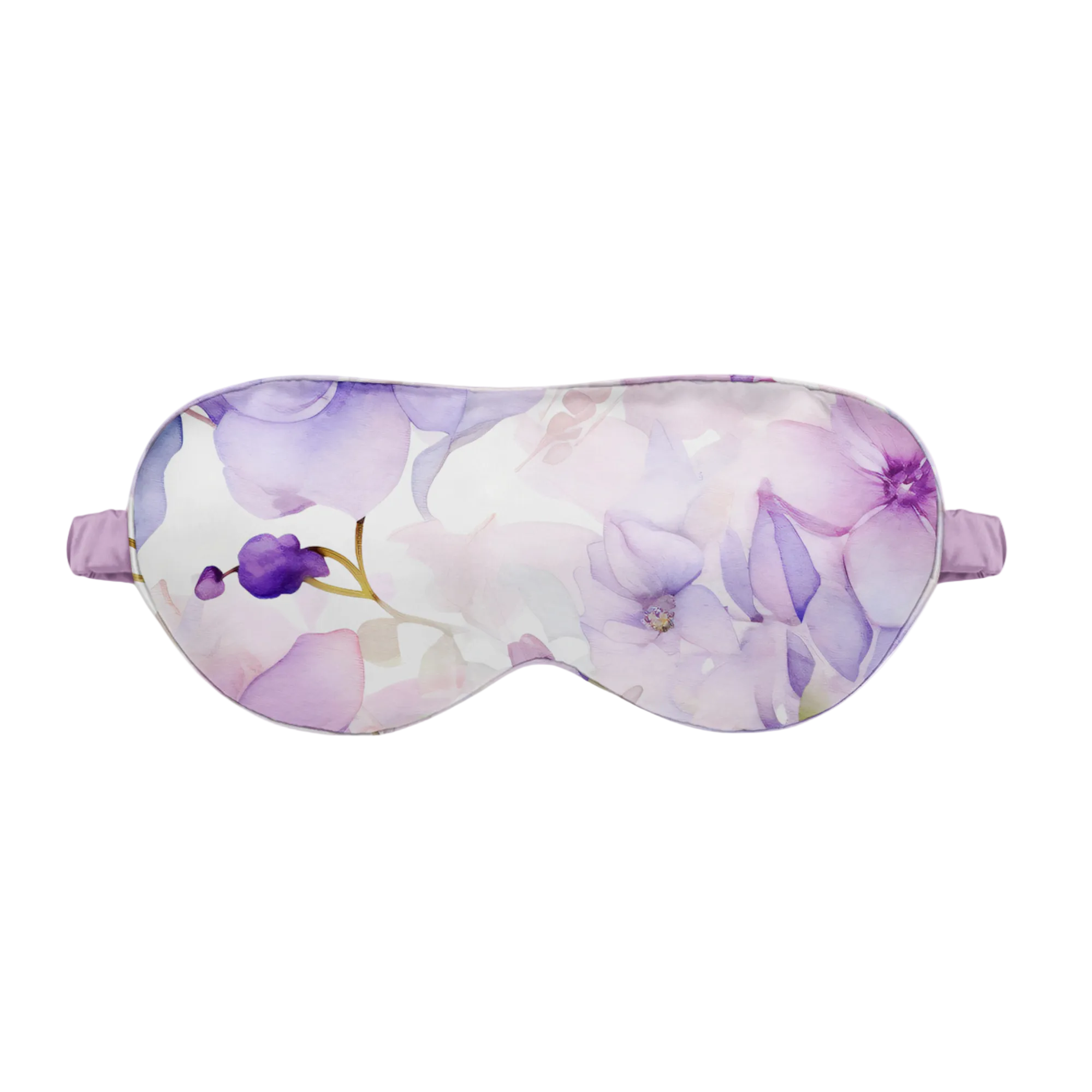 Floral patterned silk sleep mask on a white background