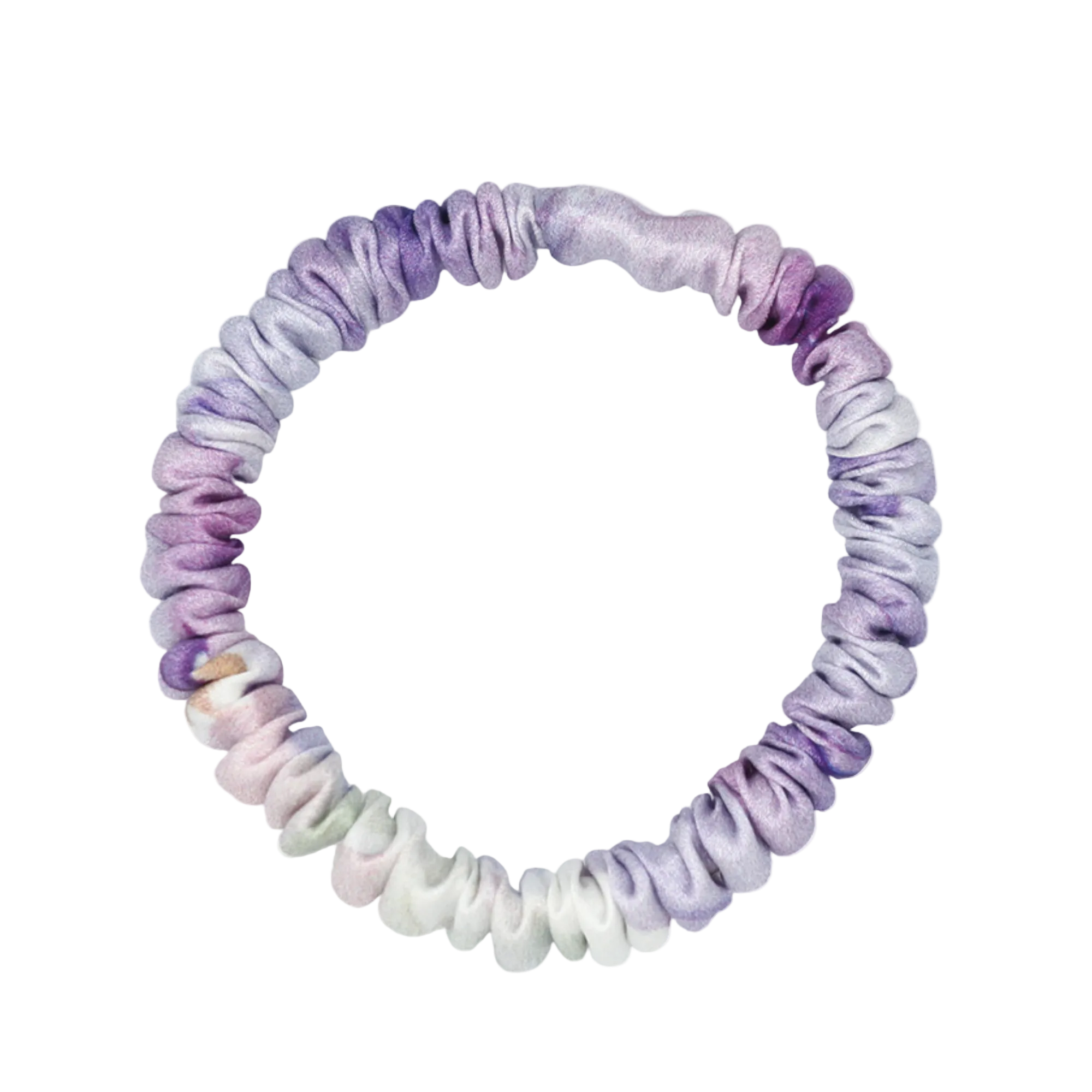 Purple Floral skinny silk scrunchie with a black Brindy Label on a white background