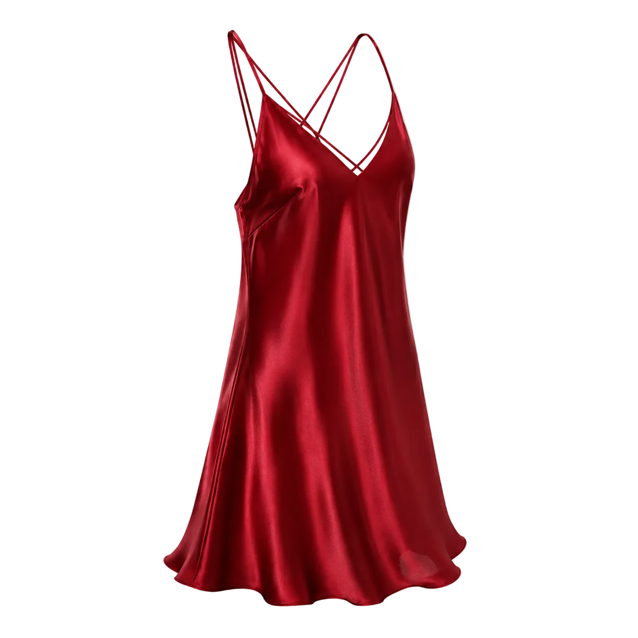 A red mulberry silk slip dress with thin crisscross spaghetti straps and a V-neckline, shown against a transparent checkered background.