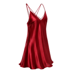 A red mulberry silk slip dress with thin crisscross spaghetti straps and a V-neckline, shown against a transparent checkered background.