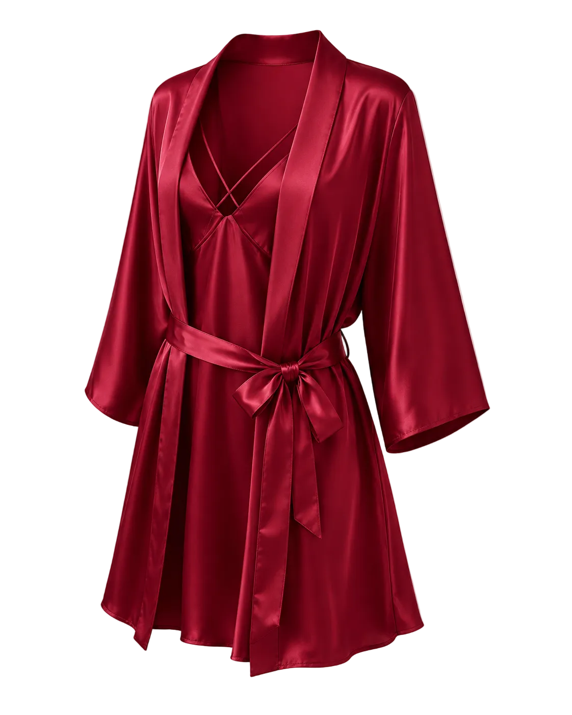 A red mulberry silk robe with a matching inner dress, featuring a tie belt at the waist and a wrap-style collar, shown against a transparent checkered background.
