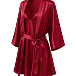 A red mulberry silk robe with a matching inner dress, featuring a tie belt at the waist and a wrap-style collar, shown against a transparent checkered background.