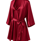 A red mulberry silk robe with a matching inner dress, featuring a tie belt at the waist and a wrap-style collar, shown against a transparent checkered background.
