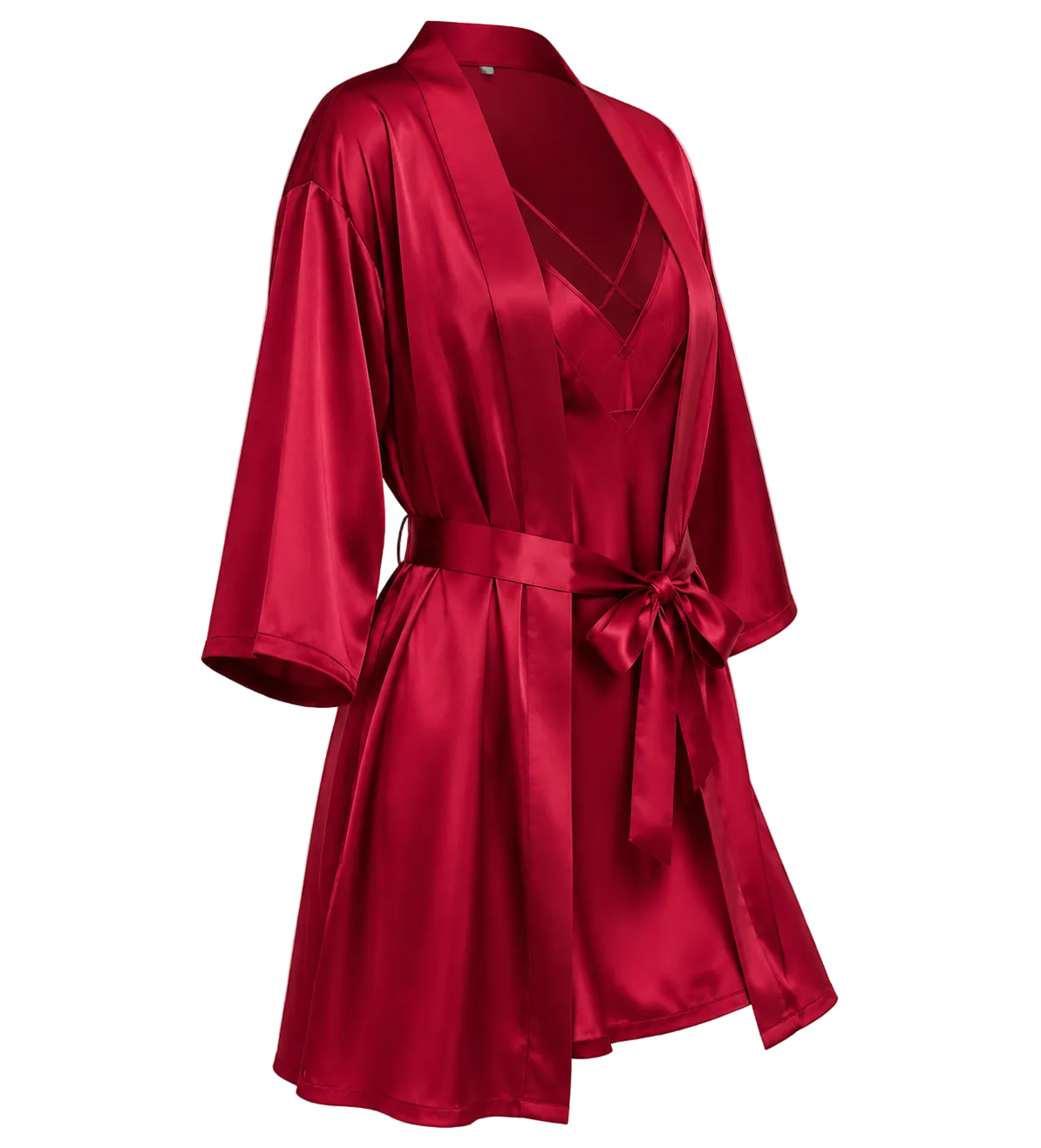 A red mulberry silk robe with a matching tie belt, shown on a transparent background.