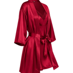 A red mulberry silk robe with a matching tie belt, shown on a transparent background.