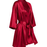 A red mulberry silk robe with a matching tie belt, shown on a transparent background.