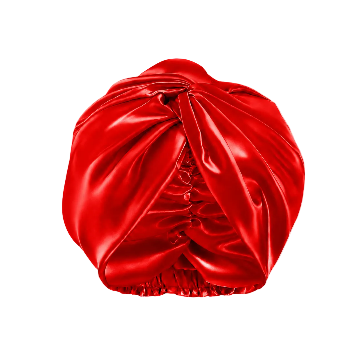 A mulberry silk turban-style hair cap in a red color, shown against a white background with a faint checkerboard pattern