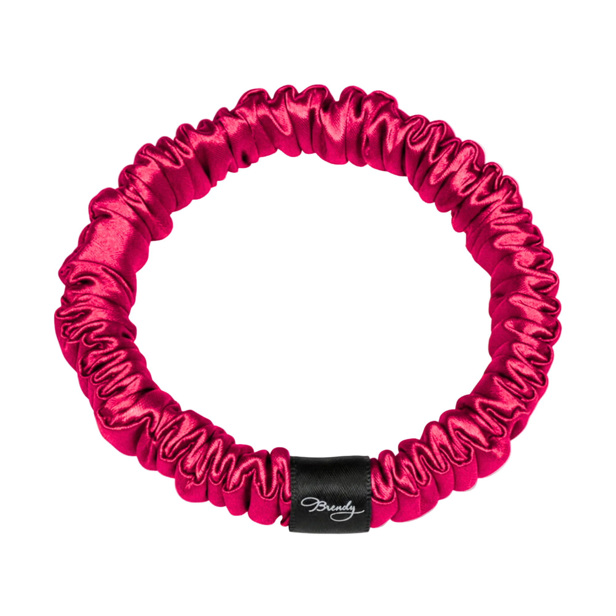 Red skinny silk scrunchie with a black Brindy Label on a white background