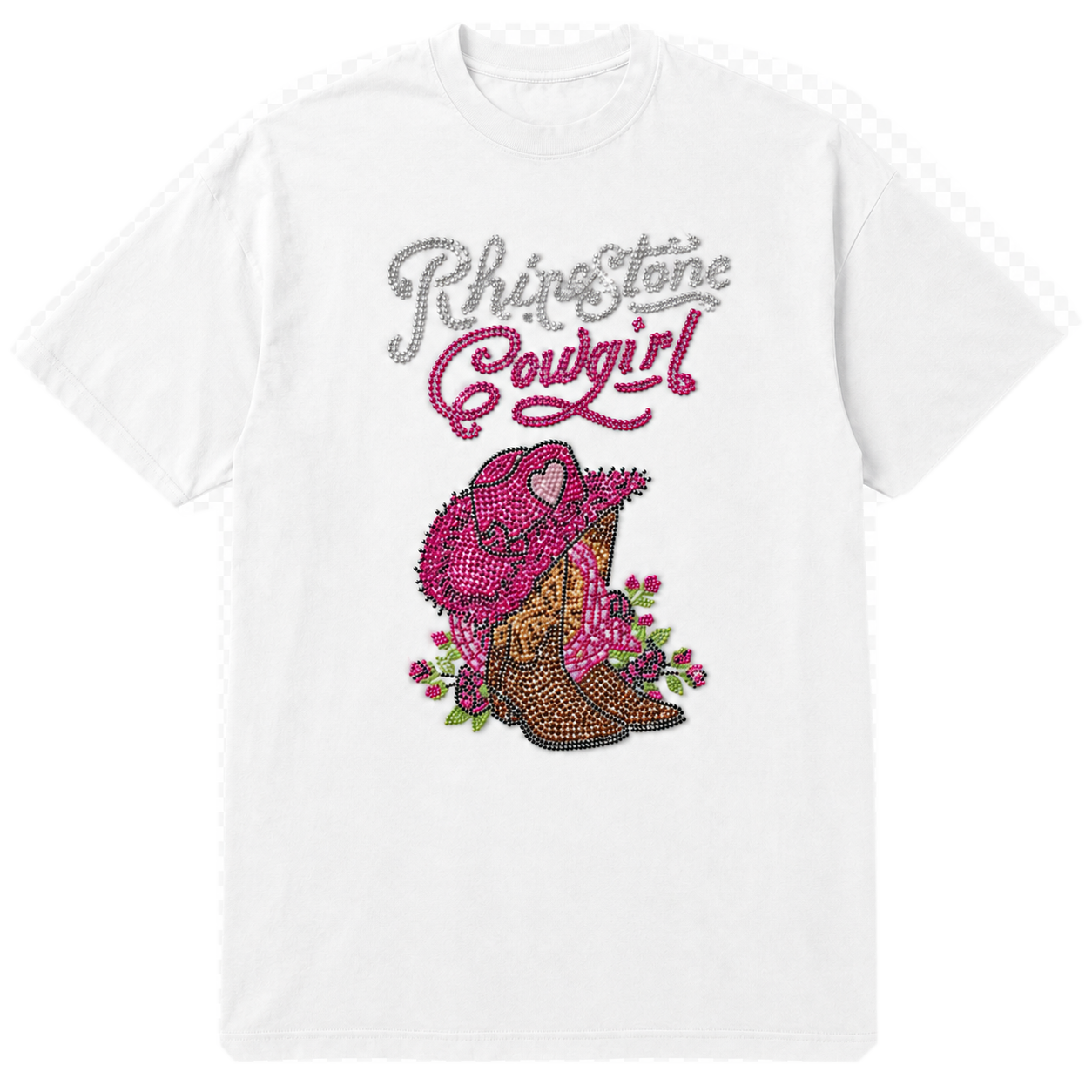 A white short-sleeve t-shirt with a rhinestone-style graphic on the front reading 'Rhinestone Cowgirl' in silver and pink lettering above a pink cowboy hat, brown cowboy boots, and pink flowers.