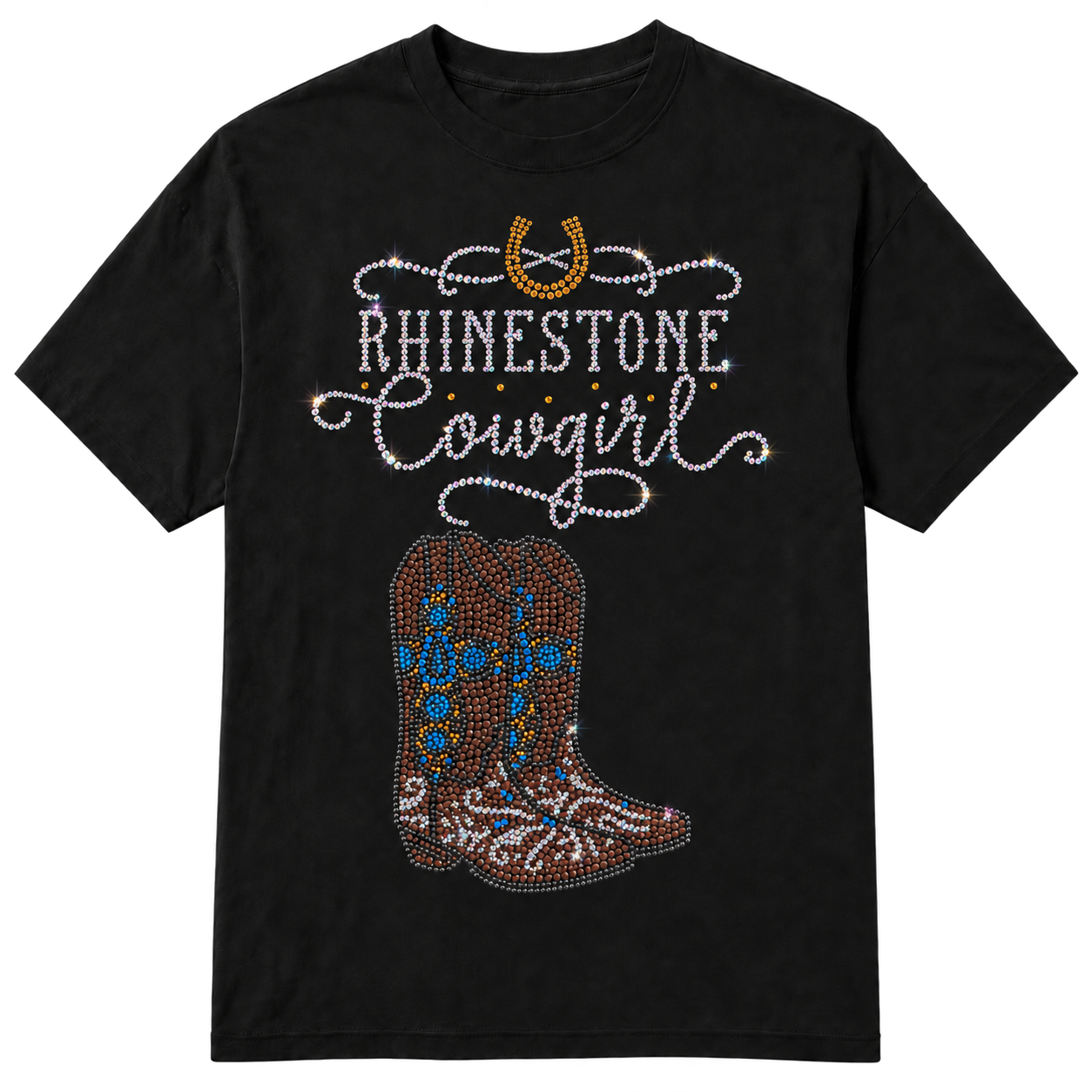 A black short-sleeve t-shirt with a rhinestone-style graphic on the front featuring a horseshoe, the words 'RHINESTONE Cowgirl' in white script, and a pair of cowboy boots in brown, blue, and white rhinestones on a transparent background.