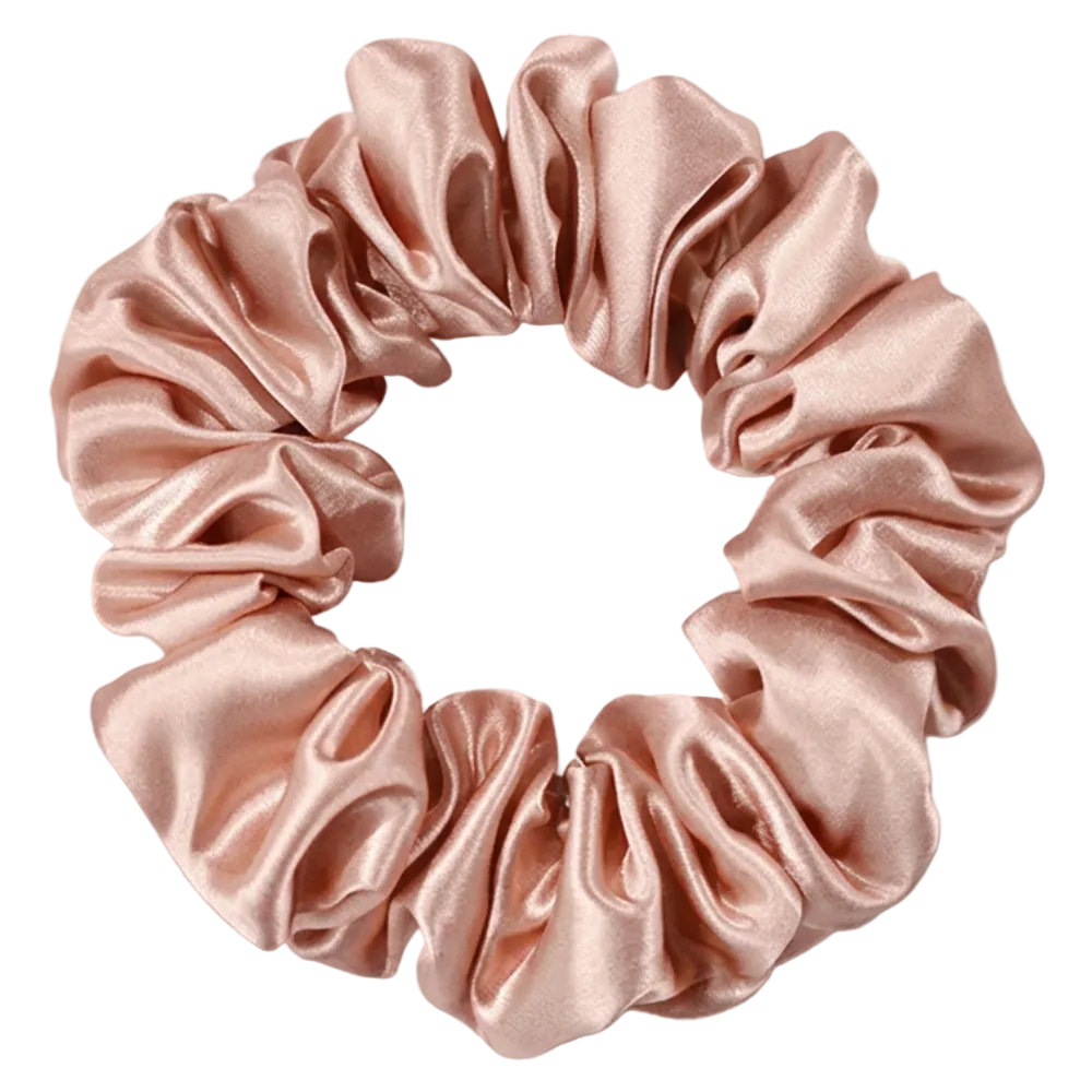Rose Gold  100% mulberry silk 3.5cm Medium Scrunchie on a white background