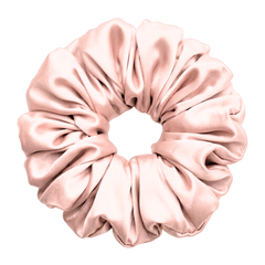 Rose Pink 100% mulberry silk 6.5cm XL Scrunchie on a white 