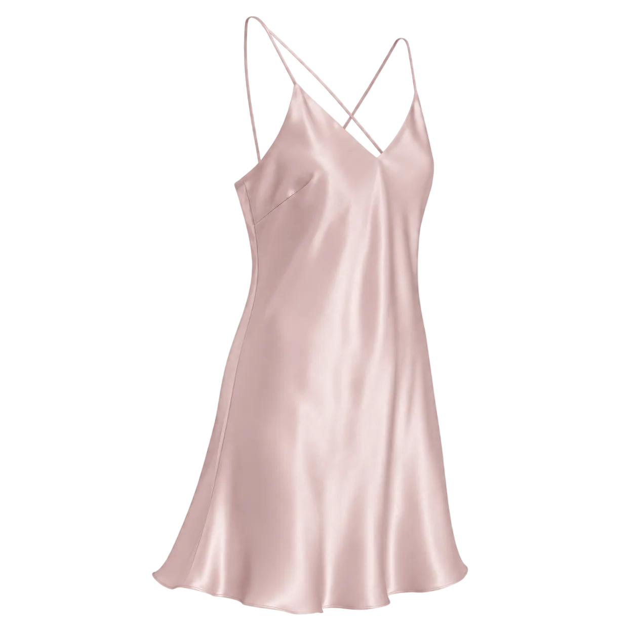A rose pink mulberry silk slip dress with thin crisscross spaghetti straps and a V-neckline, shown against a transparent checkered background.