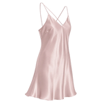 A rose pink mulberry silk slip dress with thin crisscross spaghetti straps and a V-neckline, shown against a transparent checkered background.
