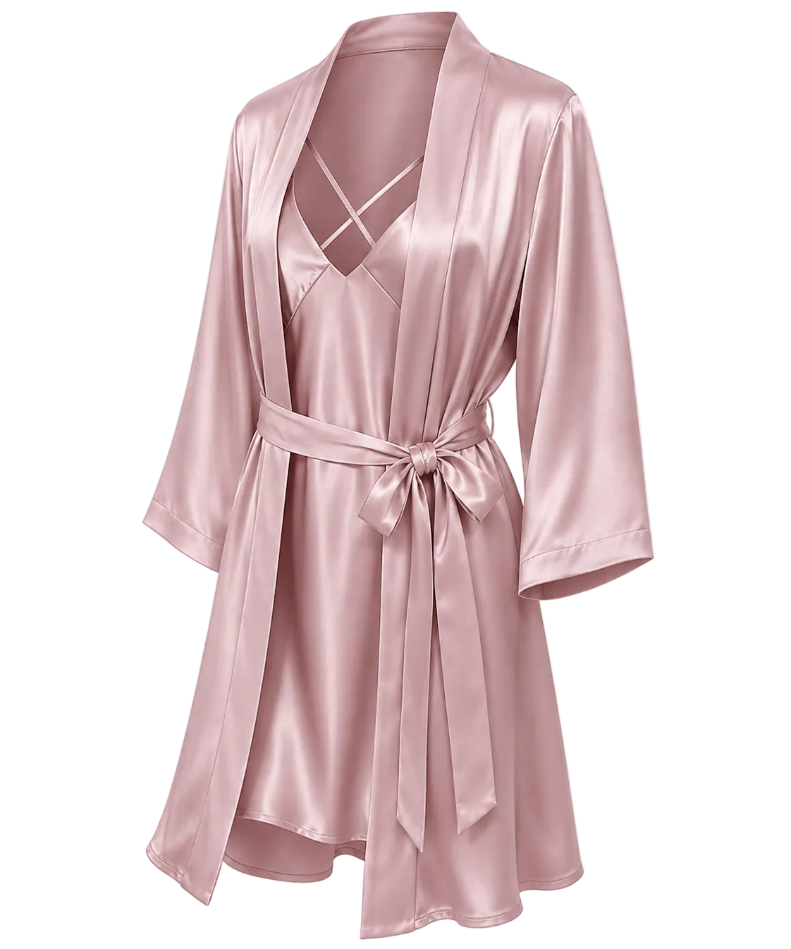 A light pink mulberry silk robe with a matching tie belt, shown on a transparent background.