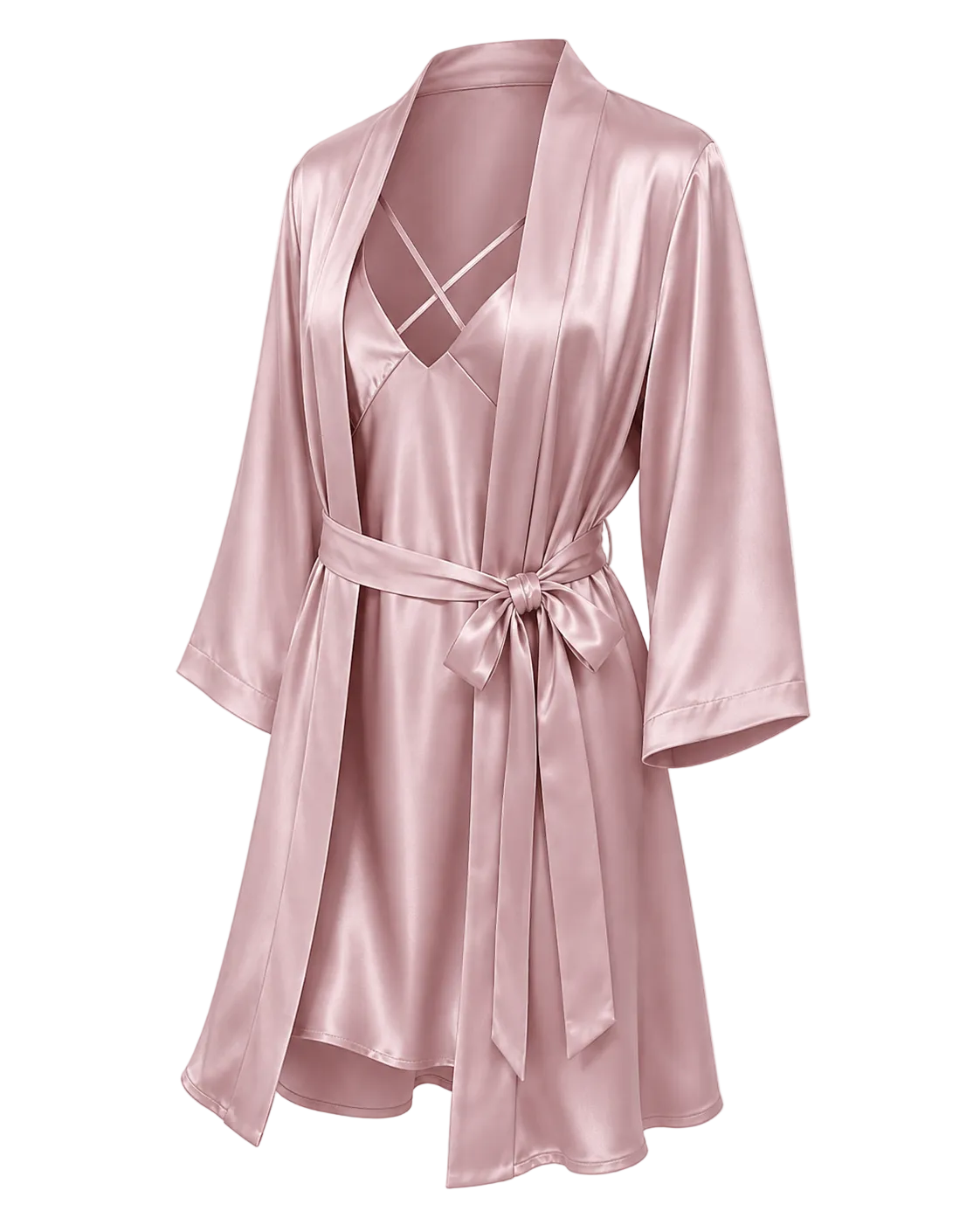 A light pink mulberry silk robe with a matching tie belt, shown on a transparent background.
