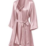 A light pink mulberry silk robe with a matching tie belt, shown on a transparent background.