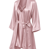A light pink mulberry silk robe with a matching tie belt, shown on a transparent background.