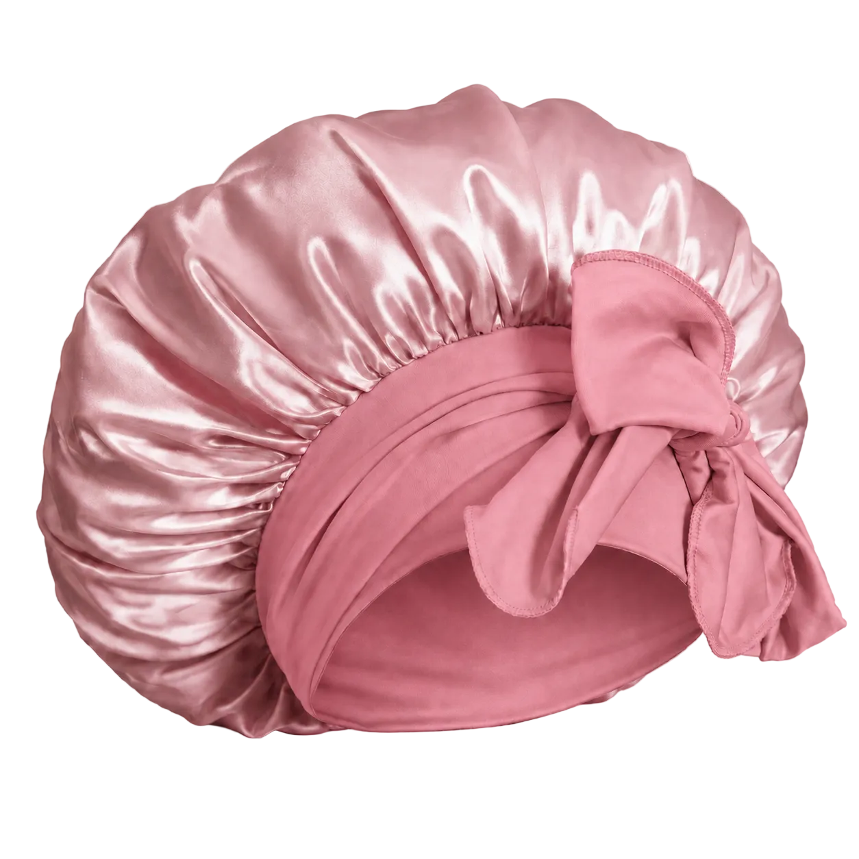  Mulberry Silk Tie Bonnet in rose pink with a bow in the front on a transparent background