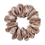 Rose Pink silk scrunchie with embedded crystals on a white background