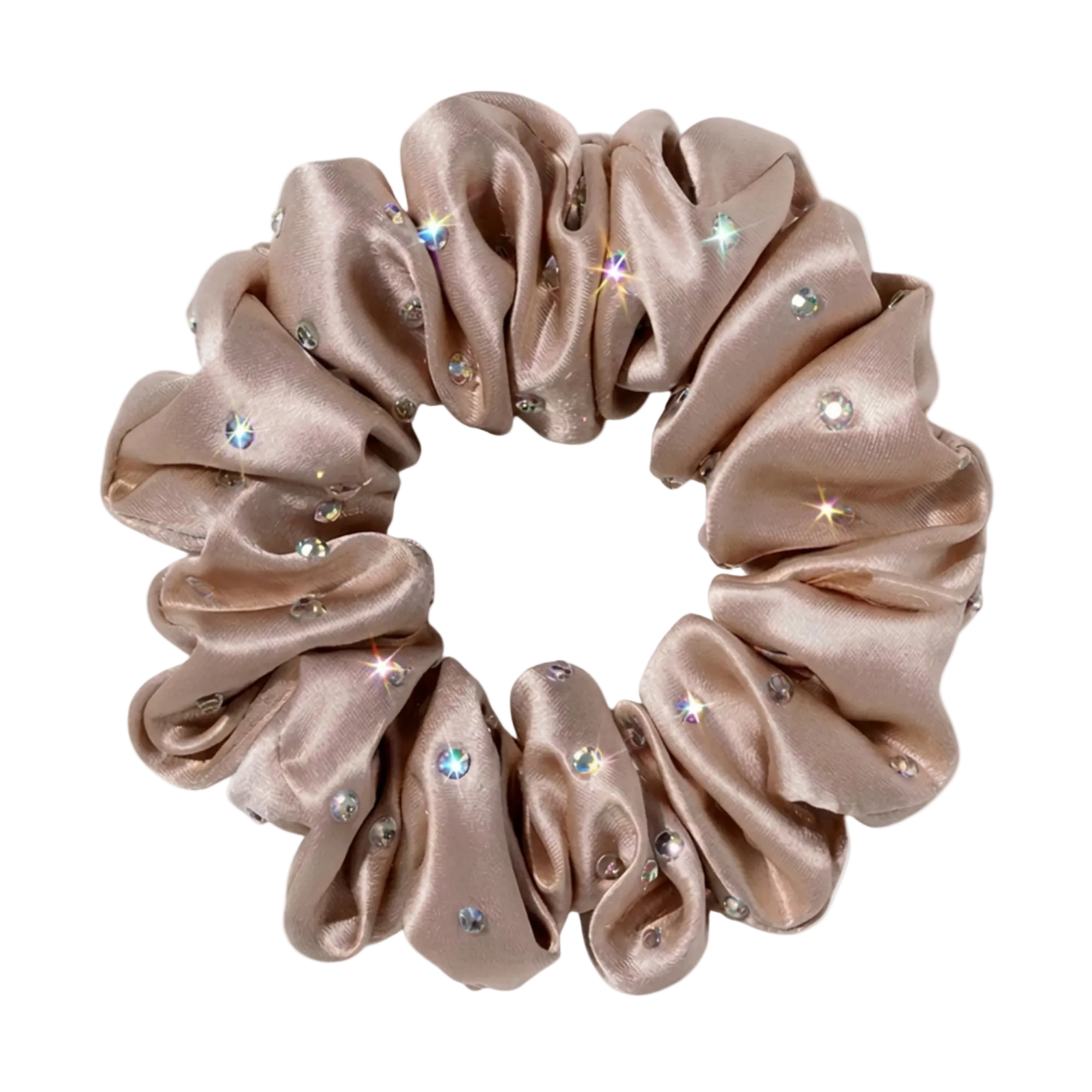 Rose Pink silk scrunchie with embedded crystals on a white background