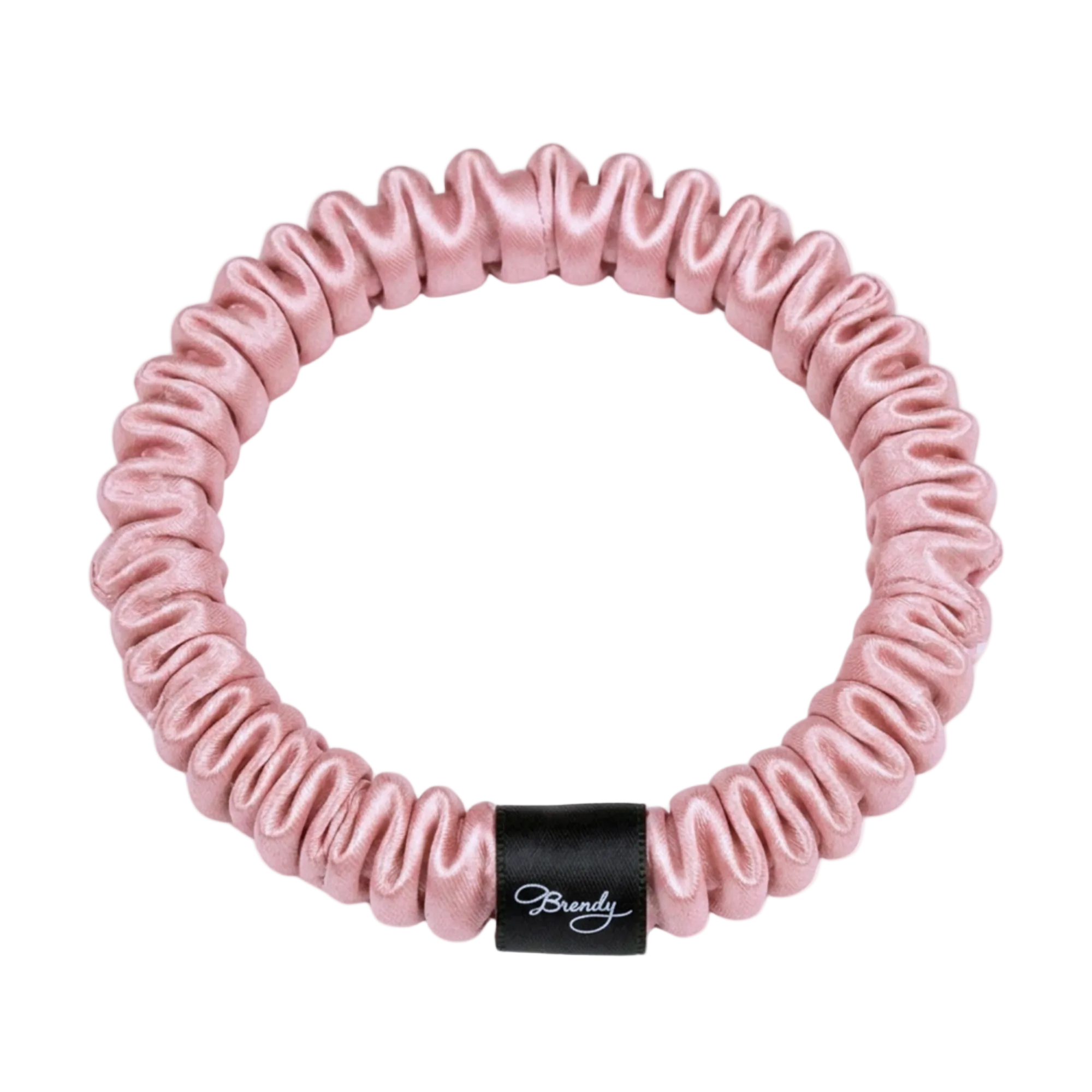 Rose Pink skinny silk scrunchie with a black Brindy Label on a white background