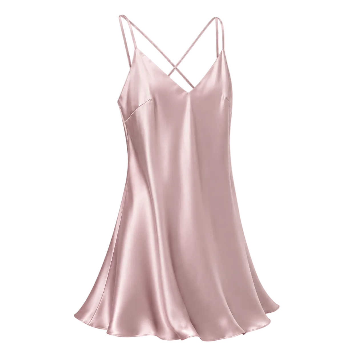 A rose pink mulberry silk slip dress with thin crisscross spaghetti straps and a V-neckline, shown against a transparent checkered background.